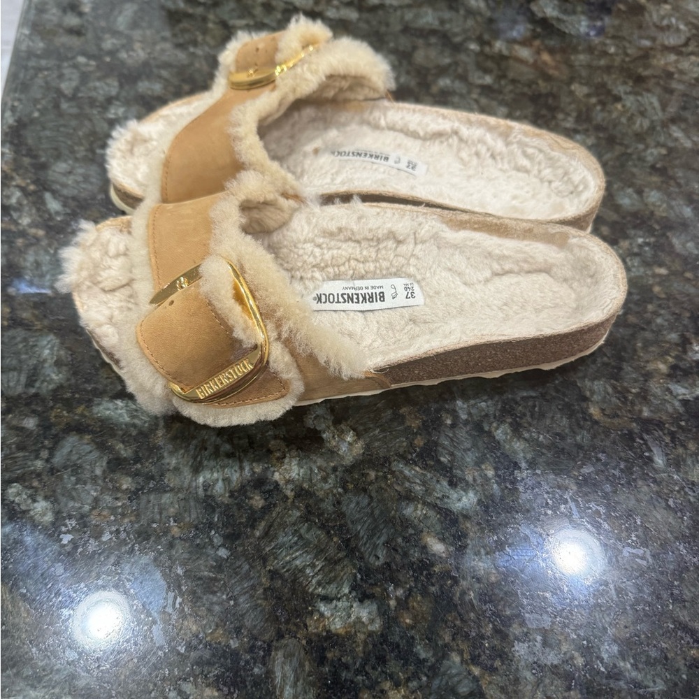 Birkenstock Madrid Big Buckle Tan Shearling Clogs